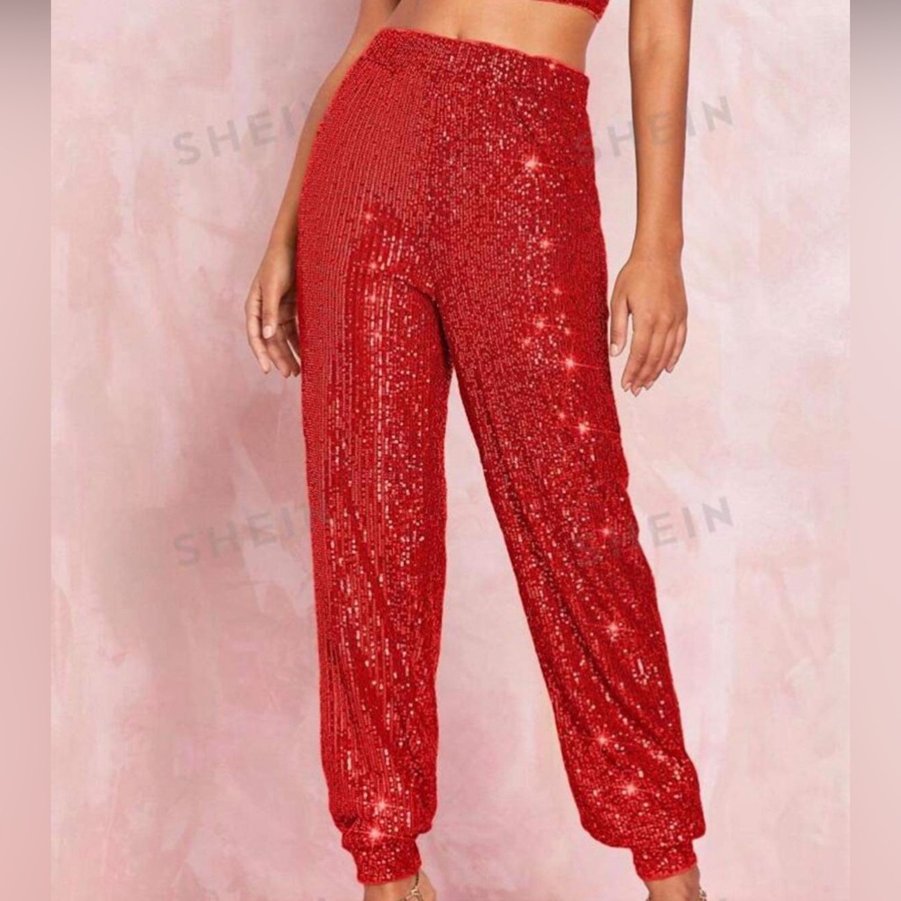 SHEIN Red Sparkly Sequin Harem Carrot Pants